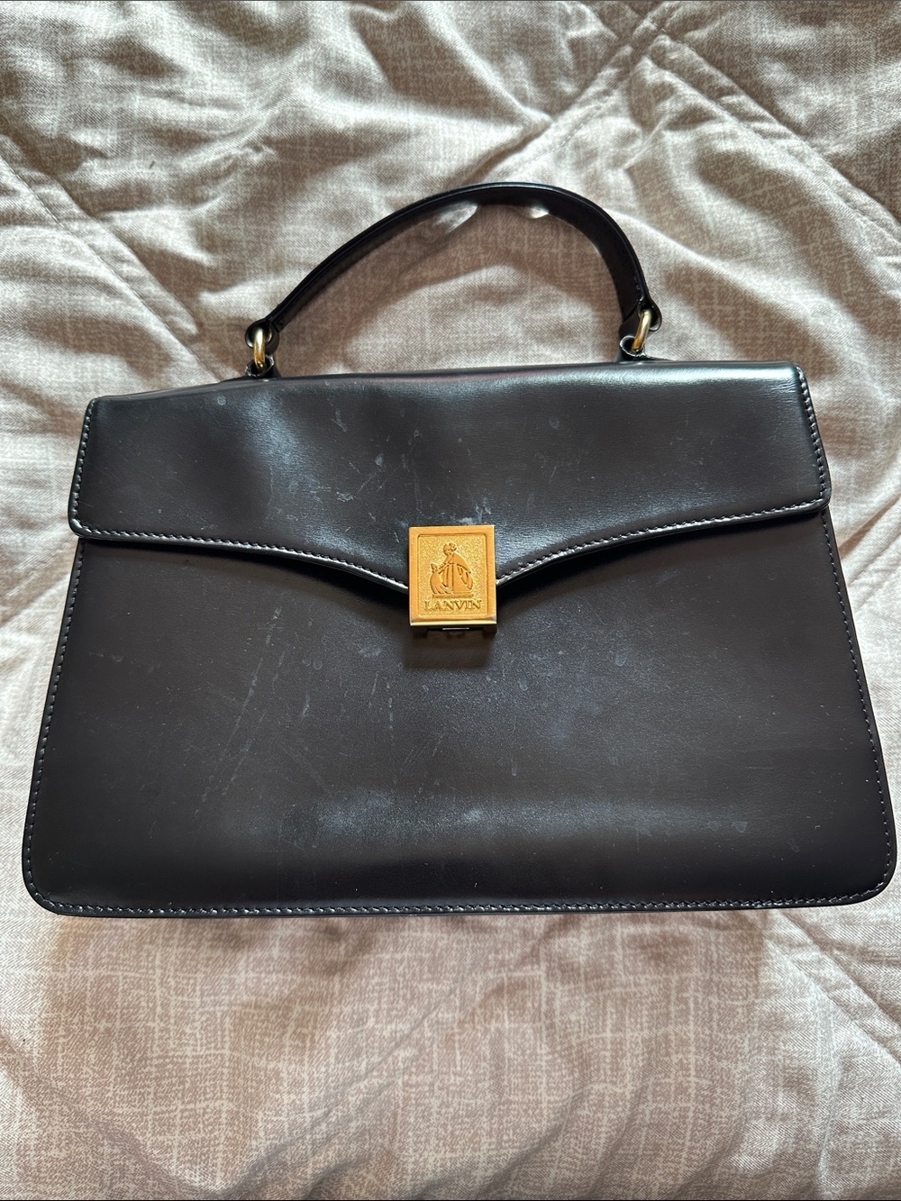 Lanvin Black Leather Top Handle Satchel with Gold Hardware